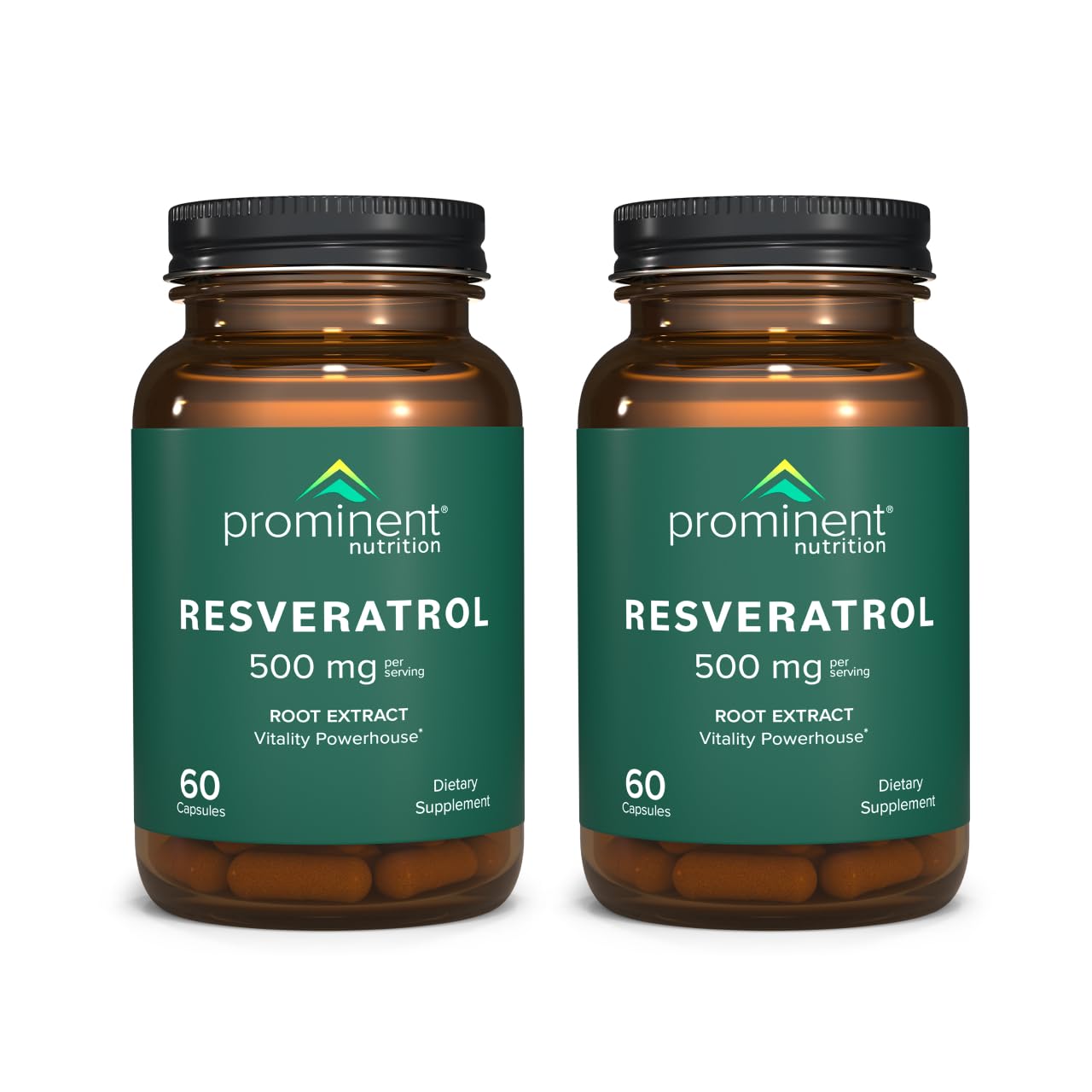 Prominent Nutrition Resveratrol bottle with 500 mg capsules for daily antioxidant support.