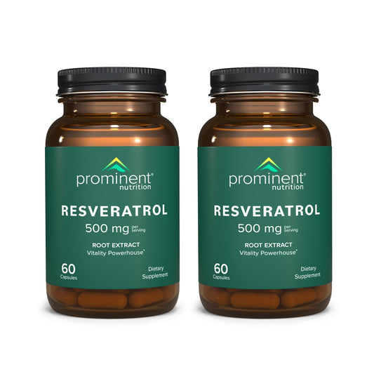 Prominent Nutrition Resveratrol bottle with 500 mg capsules for daily antioxidant support.