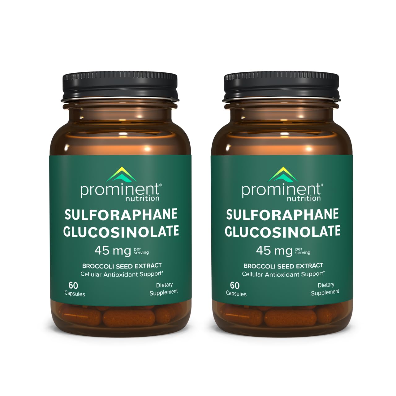 Prominent Nutrition sulforaphane bottle label showing 45 mg dose for cellular support.