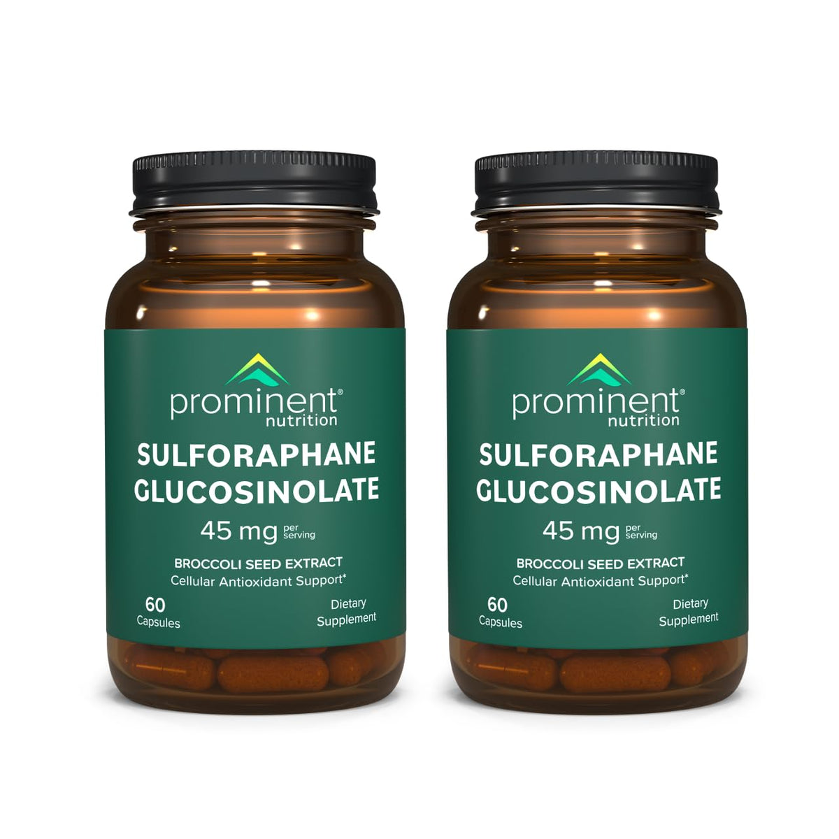 Prominent Nutrition sulforaphane bottle label showing 45 mg dose for cellular support.