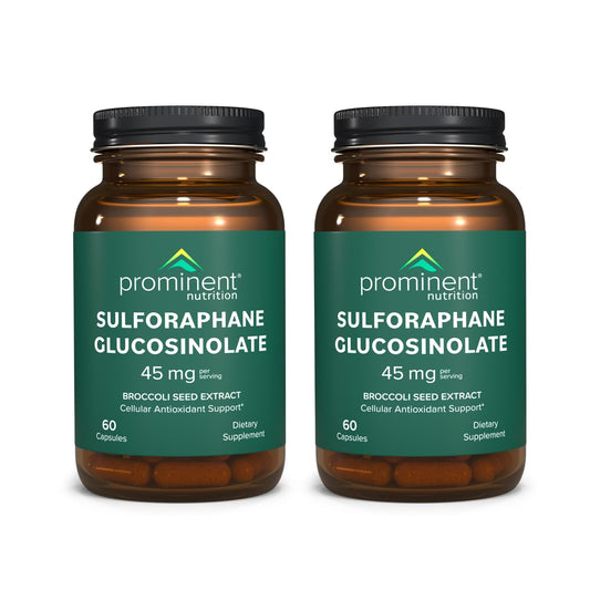 Prominent Nutrition sulforaphane bottle label showing 45 mg dose for cellular support.
