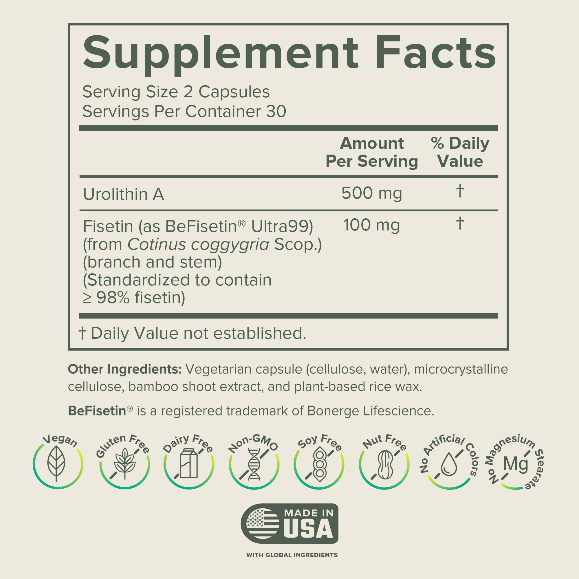 Prominent Nutrition Urolithin A Fisetin bottle side label emphasizes purity