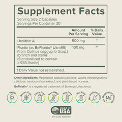 Prominent Nutrition Urolithin A Fisetin bottle side label emphasizes purity