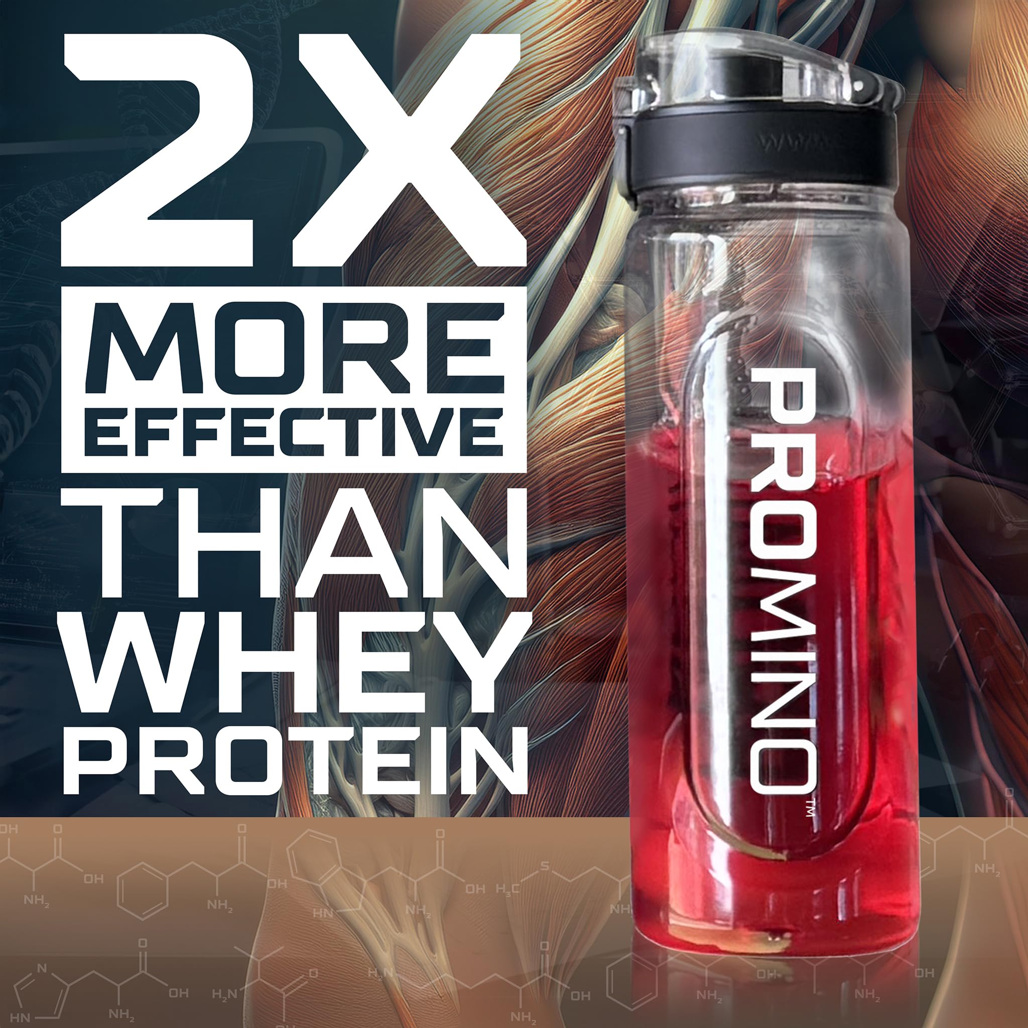Promino Raspberry flavor scoop beside glass for easy post-workout mix