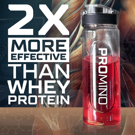 Promino Raspberry flavor scoop beside glass for easy post-workout mix