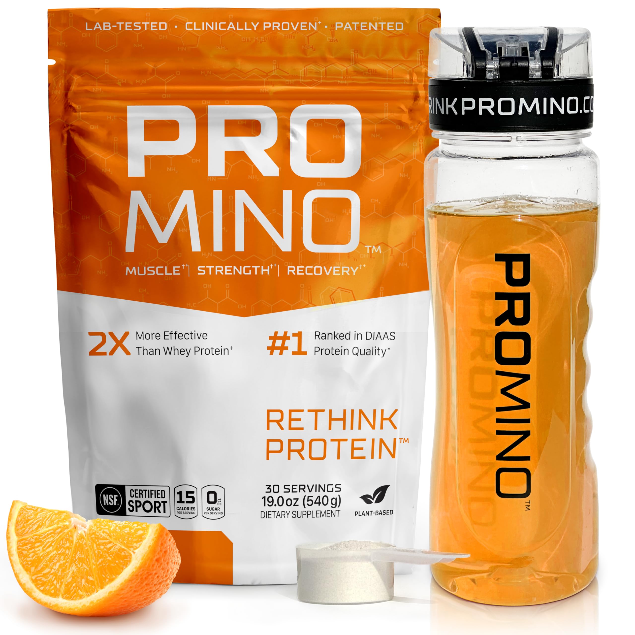 Promino Rethink Protein front label highlights vegan formula for rapid recovery support.