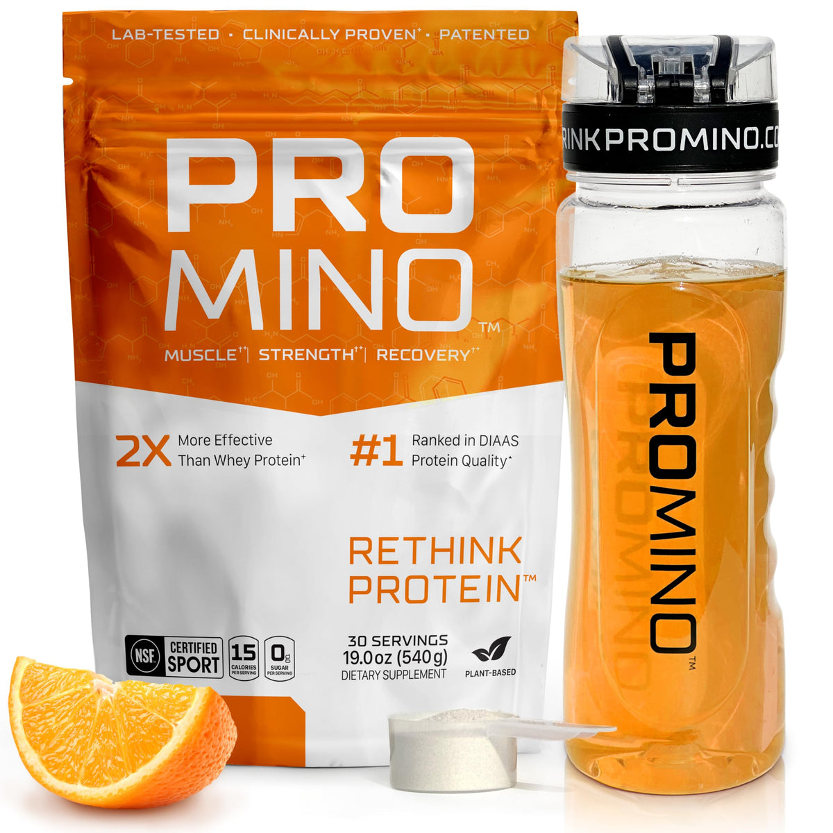 Promino Rethink Protein front label highlights vegan formula for rapid recovery support.