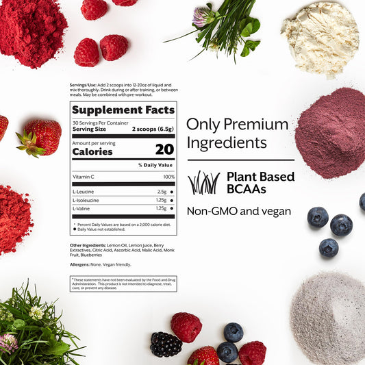 Promix BCAA powder scene with scoop highlights fast mix and refreshing mixed berry flavor.
