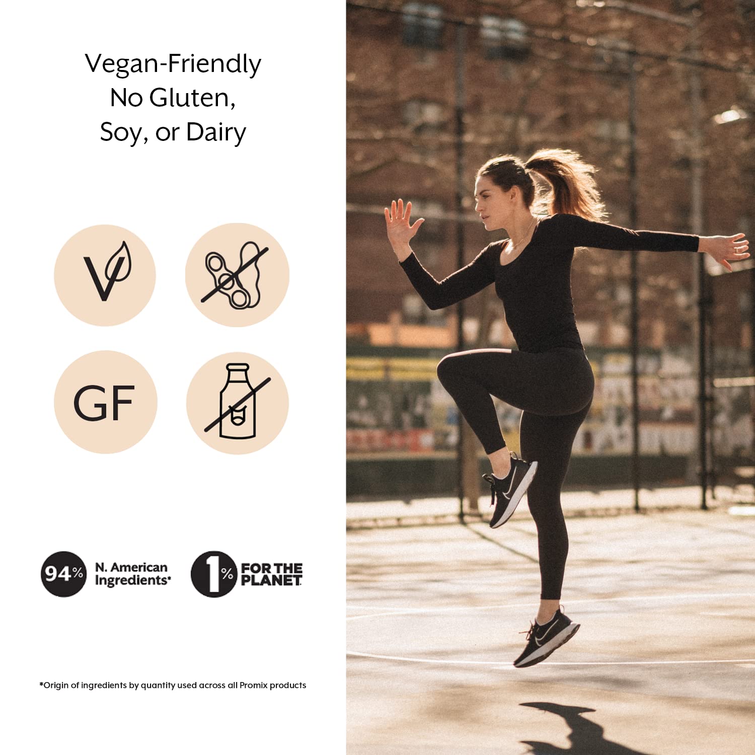 Promix BCAA plant-based ingredients label highlights non-GMO vegan formula.