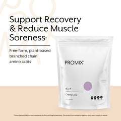 Scattered Promix BCAA sachets and measuring spoon, illustrating precise amino acid portions.