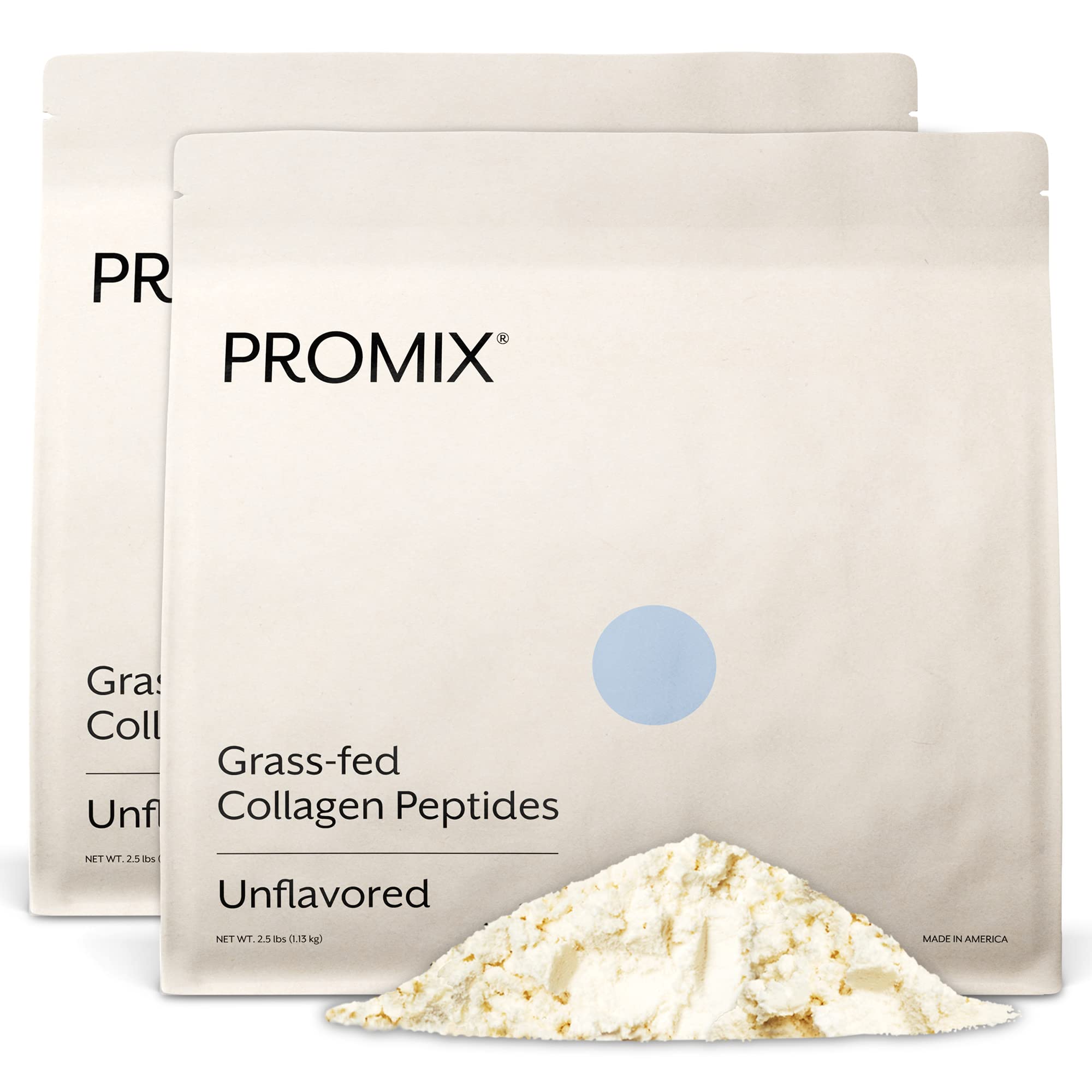 Promix Hydrolyzed Collagen Peptides bag front showing unsweetened, grass-fed formula for easy smoothies.