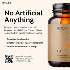 ProMix Nutrition B12 ingredients panel emphasizing a clean formula.