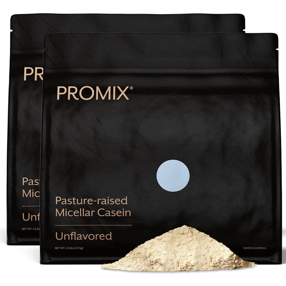 Promix Casein grass-fed milk bottle highlights premium source for slow-release protein.