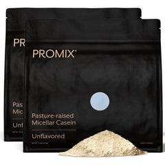 Promix Casein grass-fed milk bottle highlights premium source for slow-release protein.