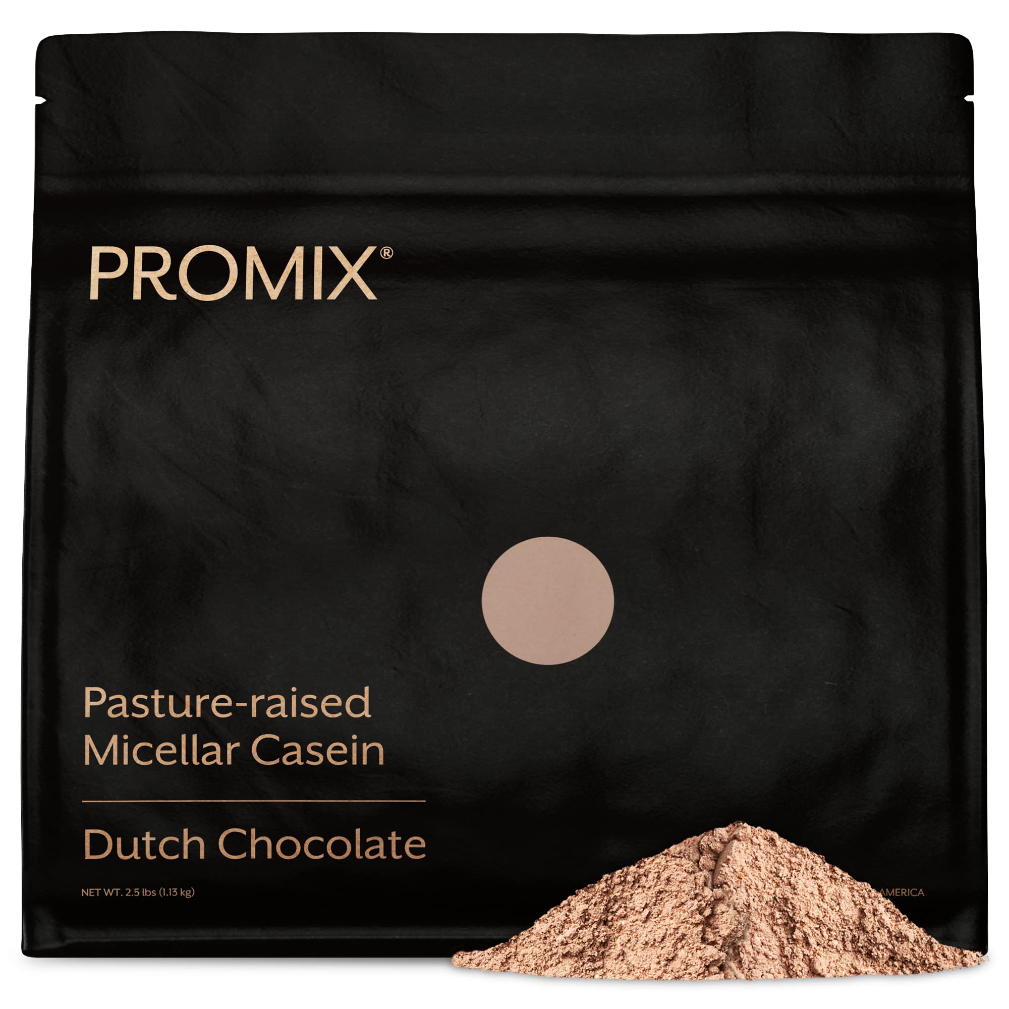 Promix Nutrition Casein chocolate powder in jar shows slow-release amino acids concept for overnight recovery.