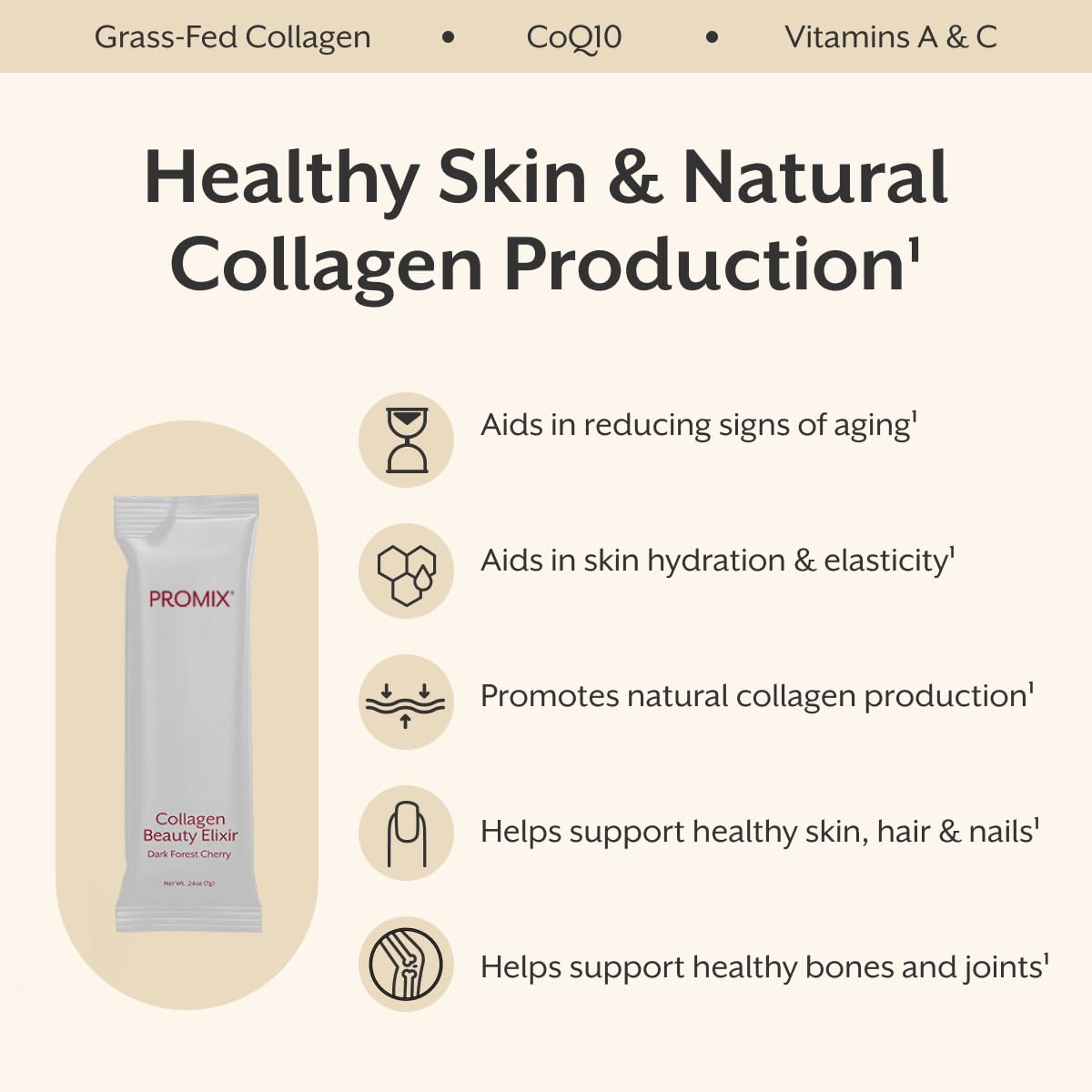 ProMix Nutrition Collagen Beauty Elixir stick-dispensed, convenient daily supplement for radiant-looking skin.