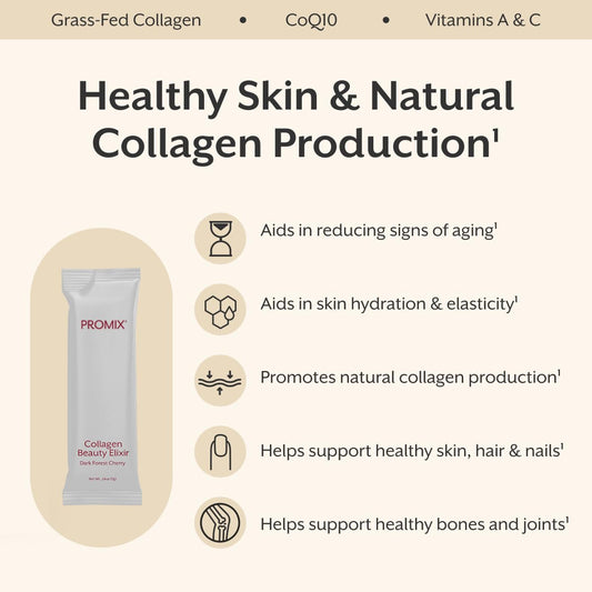 ProMix Nutrition Collagen Beauty Elixir stick-dispensed, convenient daily supplement for radiant-looking skin.