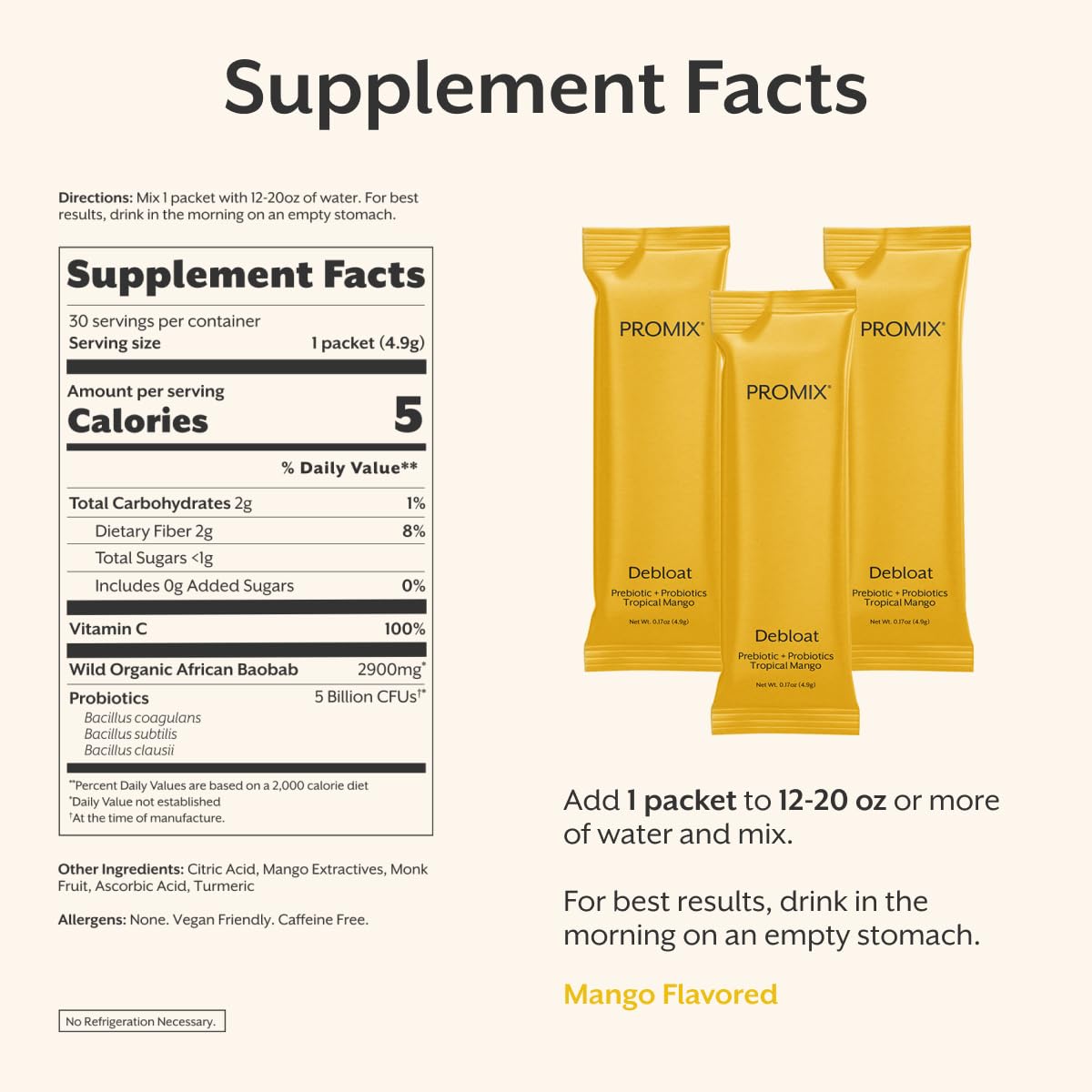Ingredients panel showing baobab fiber and probiotic strains for gut balance.