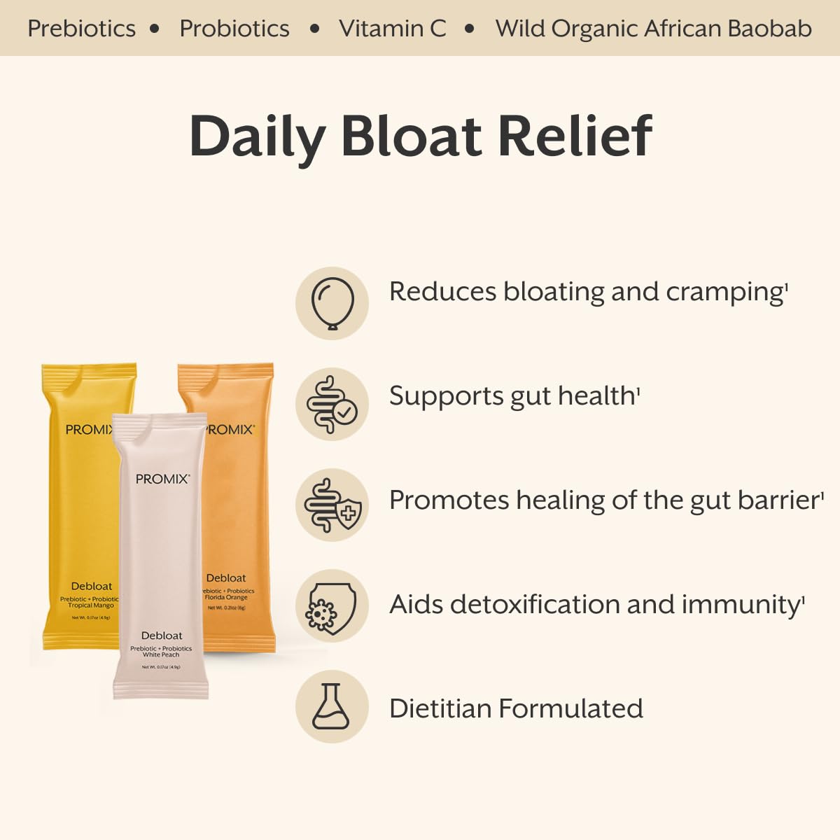 ProMix Nutrition Debloat label highlights gut health ingredients.