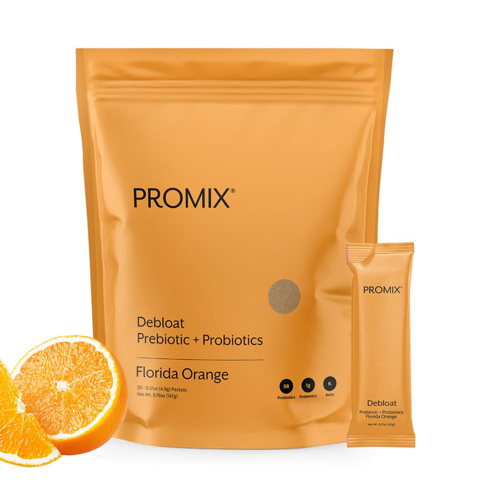 Promix Nutrition Debloat orange tub showing packaging and citrus flavor for daily gut-friendly use.
