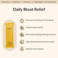Serving scoop showing probiotic powder, designed to ease bloating and gas naturally.