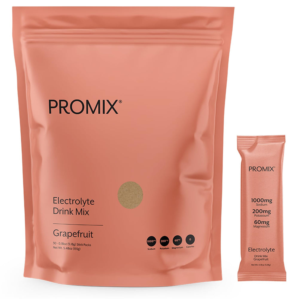 Promix Nutrition electrolytes powder packets front label for on-the-go hydration.