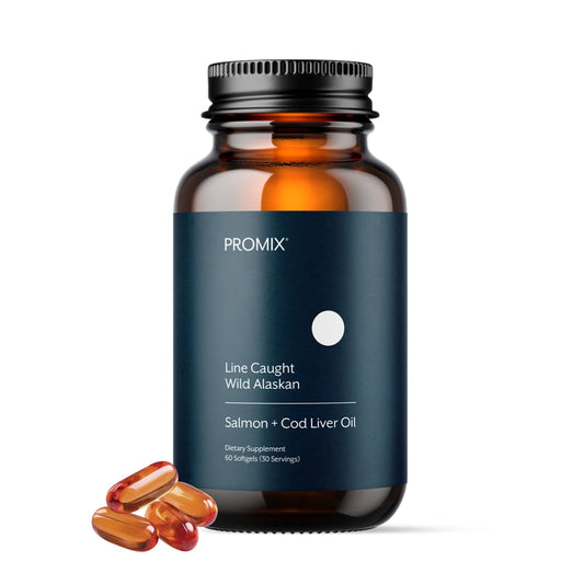 Promix Nutrition fish oil cod liver softgels bottle supports heart and brain health.