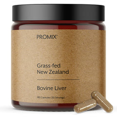 Promix Nutrition grass fed raw liver capsules close-up ready for daily energy support