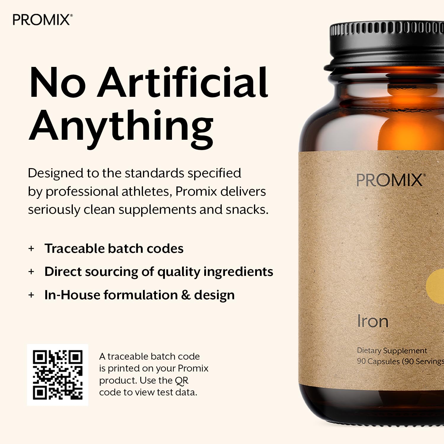 Promix Nutrition Heme Iron dosage card illustrates simple, safe daily intake.