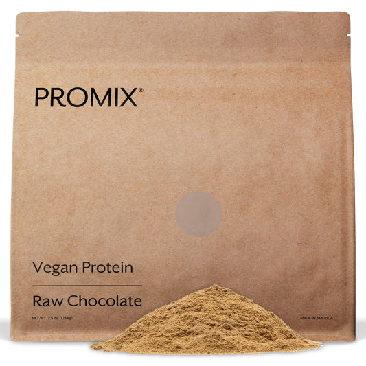 Promix Nutrition plant-based vegan protein raw chocolate tub for smooth shakes.