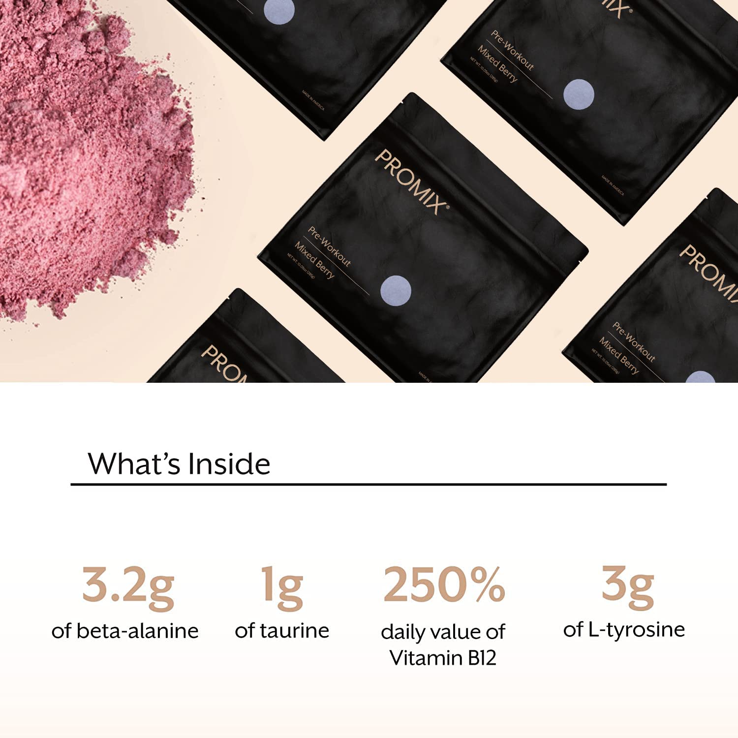 Close-up of L-tyrosine and beta-alanine on Promix ingredient label.