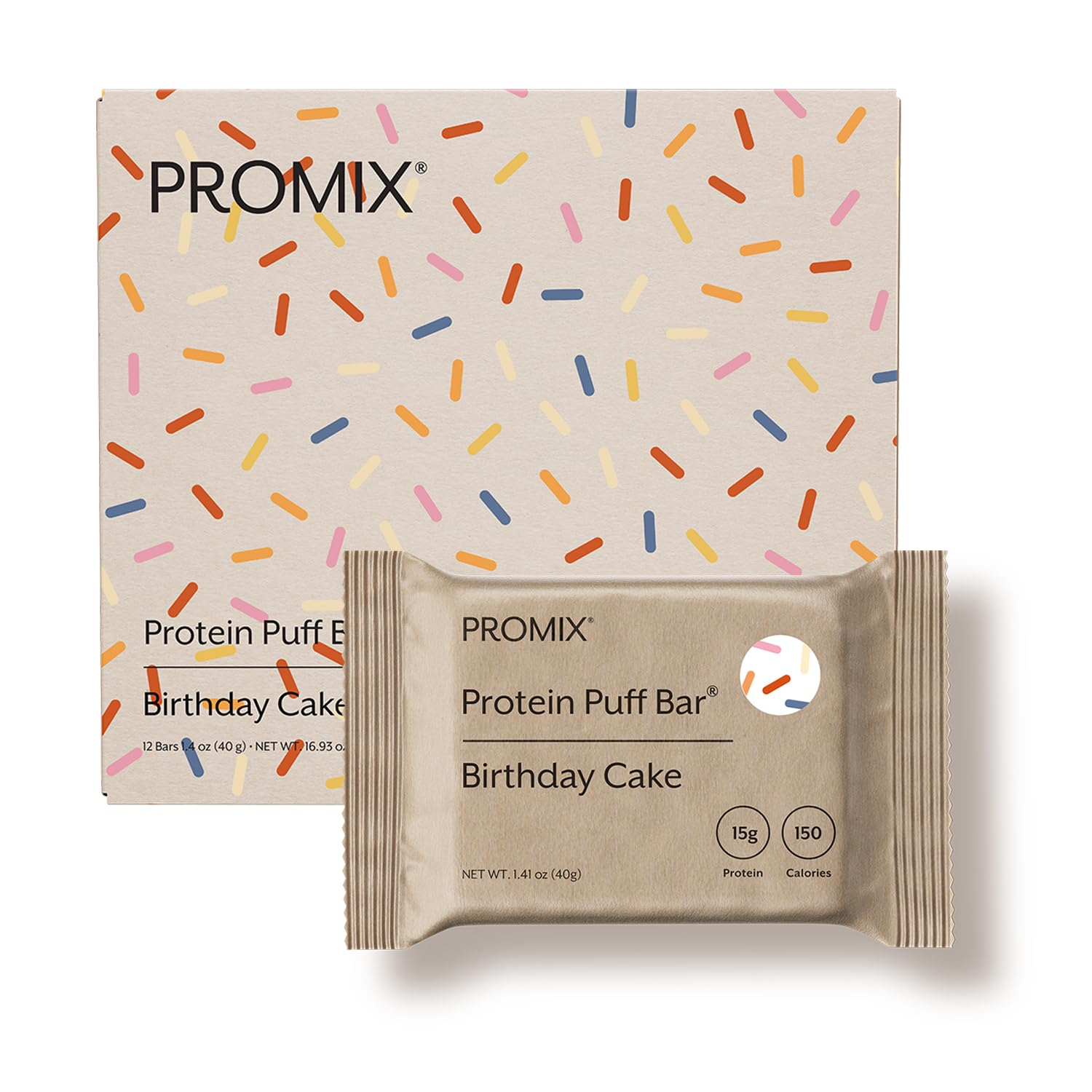 ProMix Nutrition Protein Puff Bars Birthday Cake packaging, convenient on-the-go snack