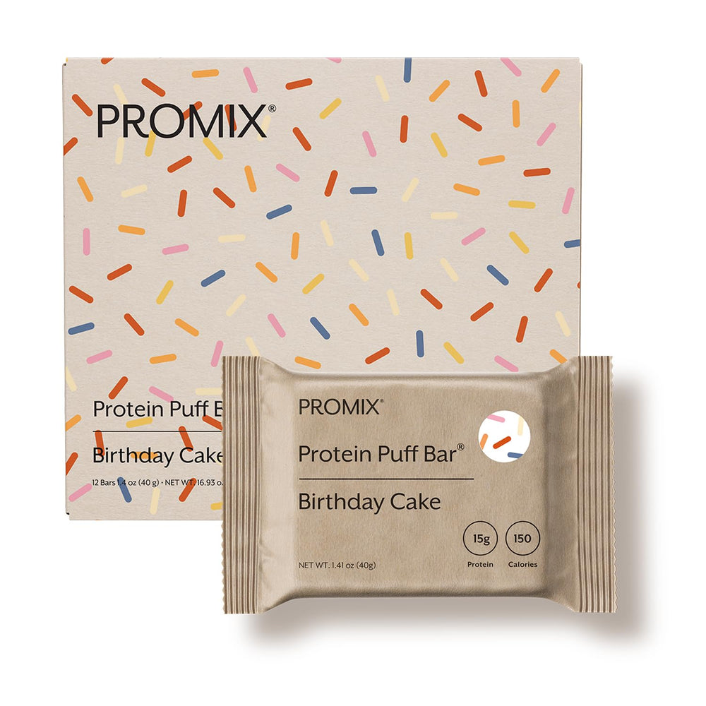 ProMix Nutrition Protein Puff Bars Birthday Cake packaging, convenient on-the-go snack