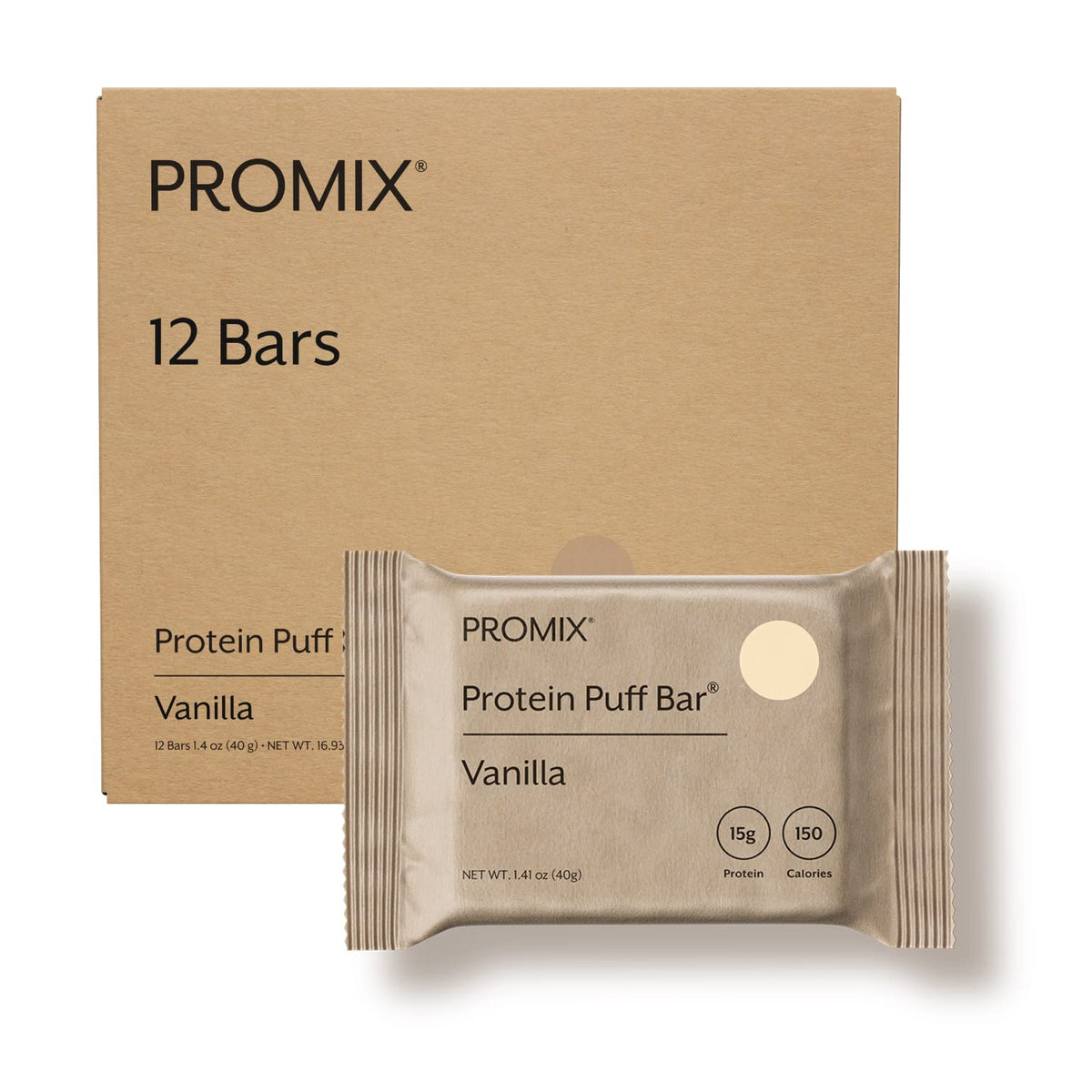 Promix Nutrition Protein Puff Bars box front with Madagascar vanilla for a high-protein, on-the-go snack.
