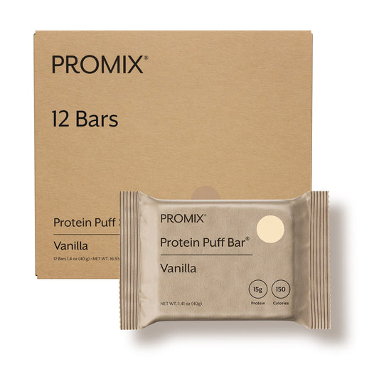 Promix Nutrition Protein Puff Bars box front with Madagascar vanilla for a high-protein, on-the-go snack.