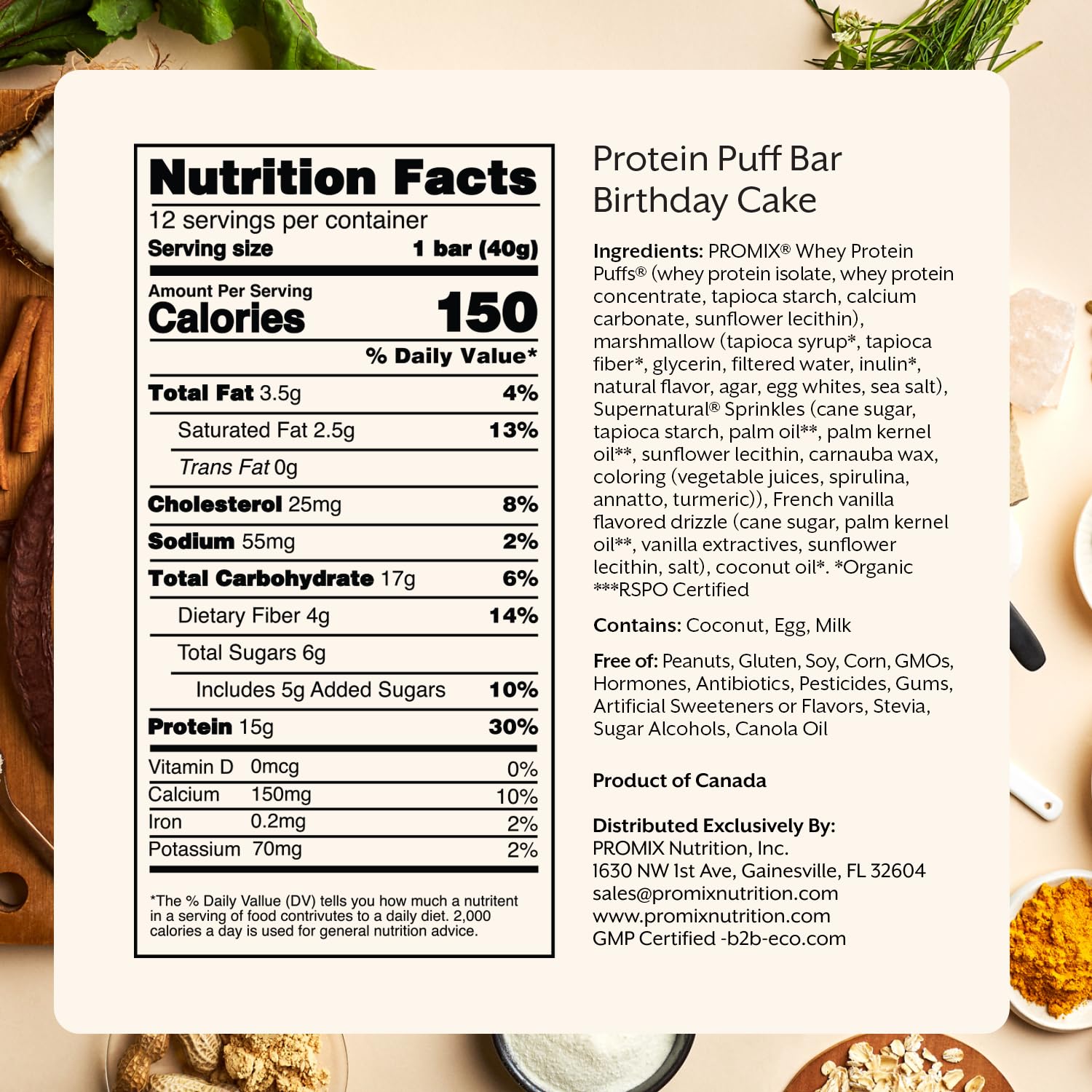 ProMix Nutrition Protein Puff Bars ingredients with whey puffs and coconut oil