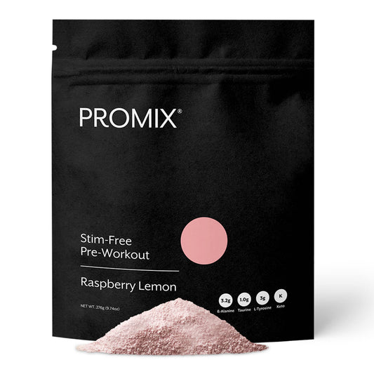 Promix Nutrition Stim-Free pre-workout bottle in Raspberry Lemon for clean energy before workouts