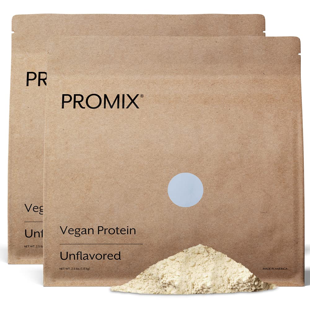 Promix Nutrition vegan protein powder bottle close-up, unflavored and versatile.
