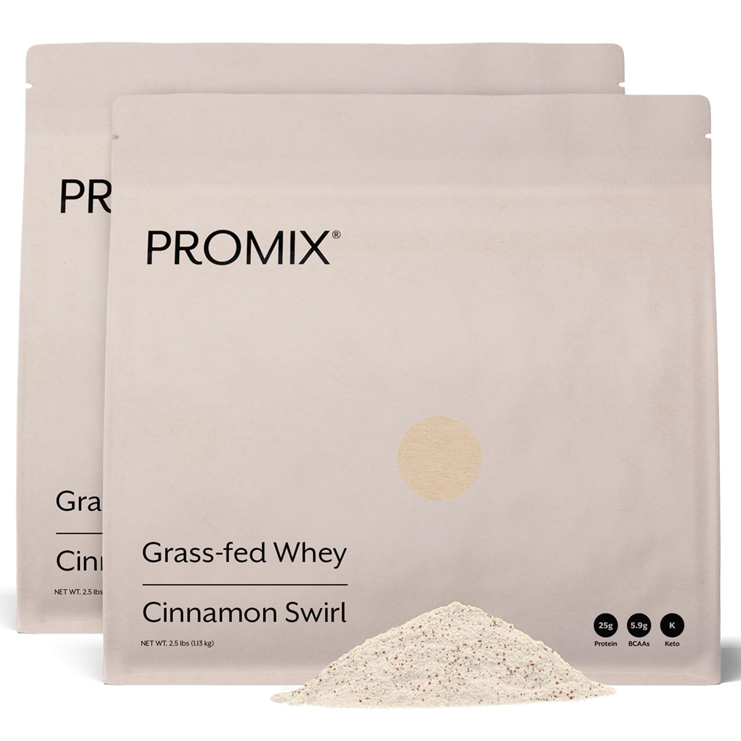 Promix Nutrition whey cinnamon swirl tub with rich powder for post-workout shakes.