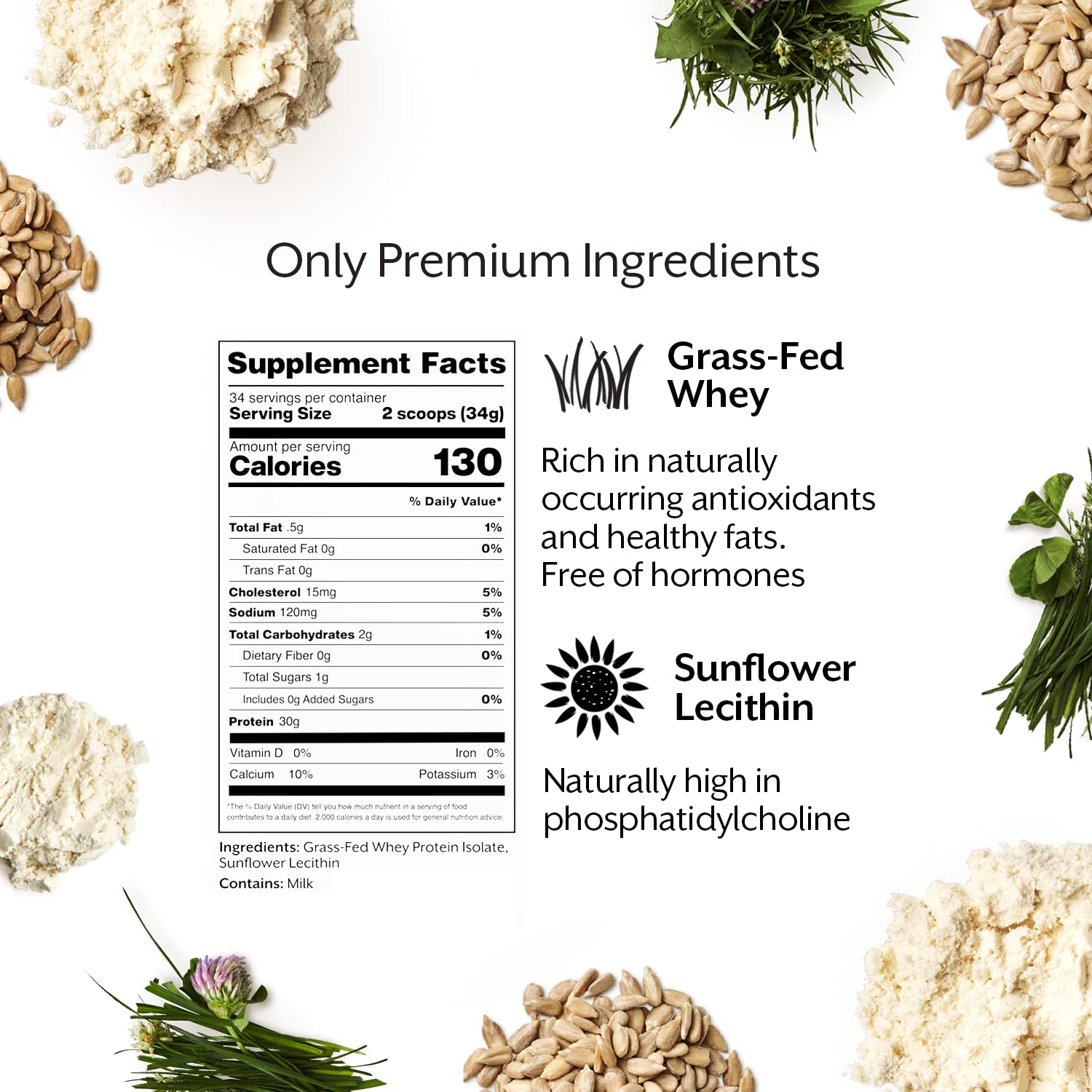 ProMix Nutrition Whey Isolate ingredients card featuring grass-fed whey and lecithin