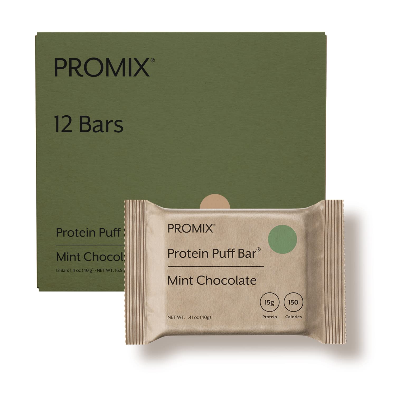 ProMix Protein Puff Bars mint chocolate front view for convenient on-the-go snacking