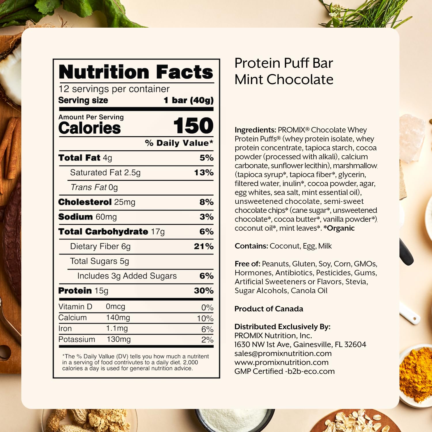 ProMix Protein Puff Bars mint chocolate close-up showing 15g protein per bar