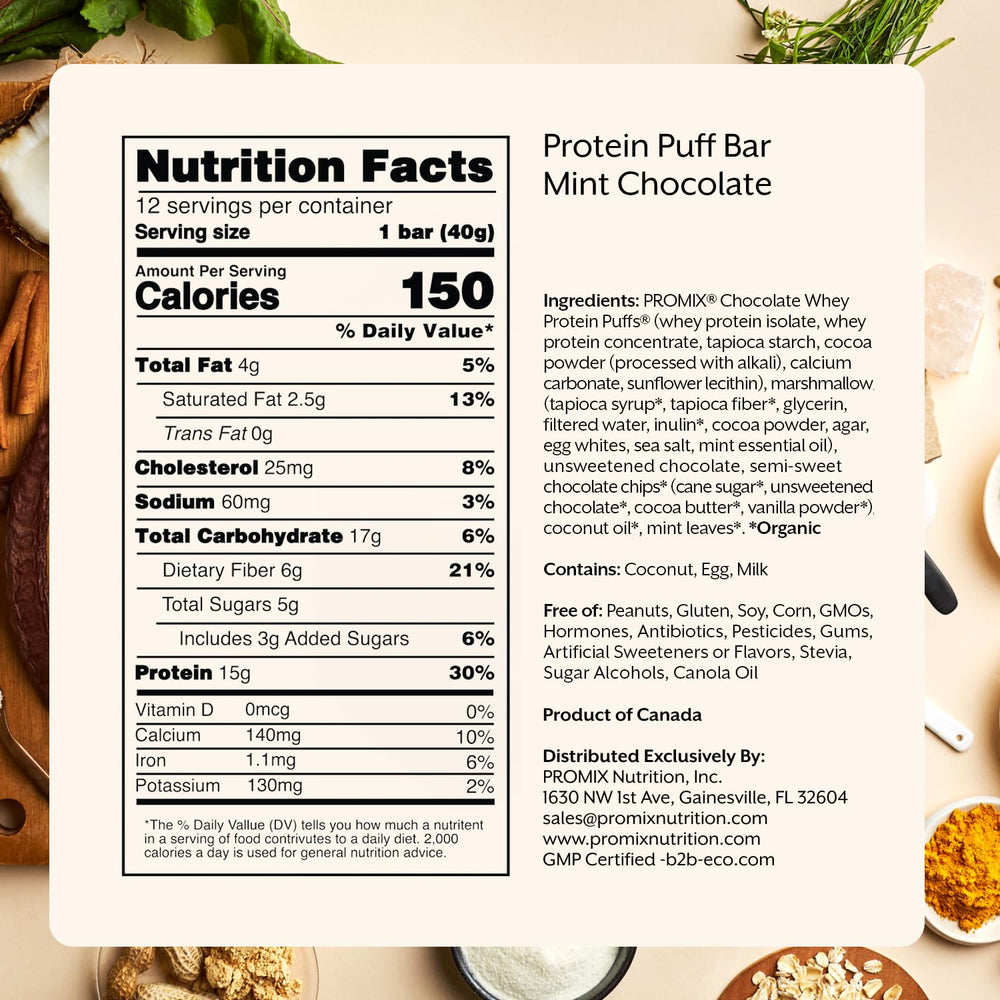 ProMix Protein Puff Bars mint chocolate close-up showing 15g protein per bar