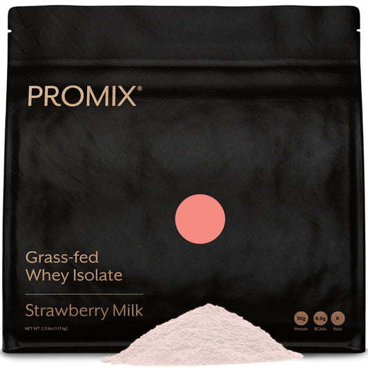Promix Whey Isolate Strawberry Milk powder with scoop, inviting flavor and protein boost