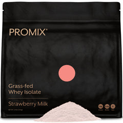 Promix Whey Isolate Strawberry Milk powder with scoop, inviting flavor and protein boost