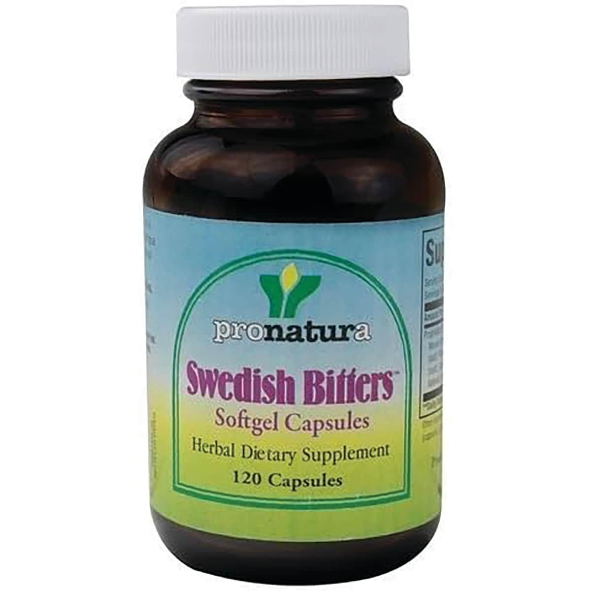 Pronatura Swedish Bitters capsules bottle close-up for daily vitality