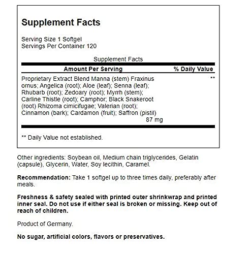Pronatura Swedish Bitters capsules pour showing dosage option for daily use