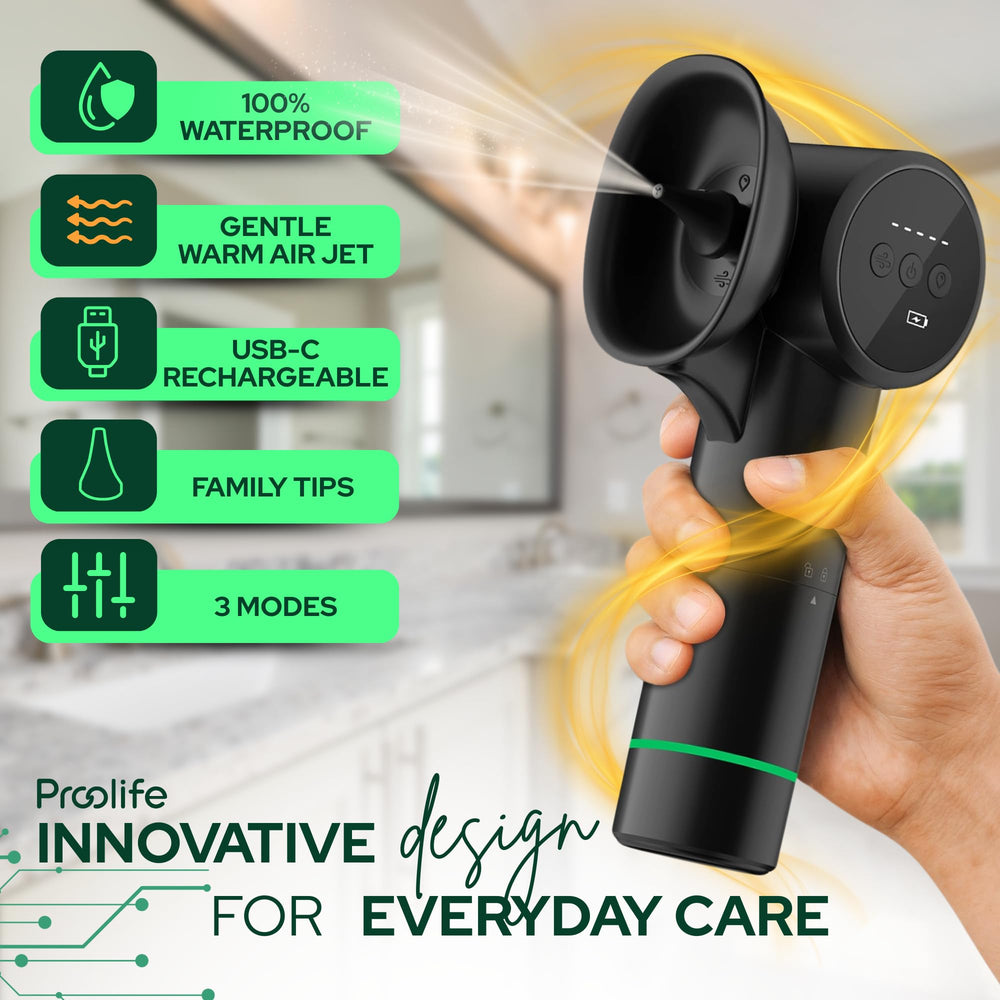 PROOLIFE ear cleaner with dual tanks showcasing hygienic flushing system.