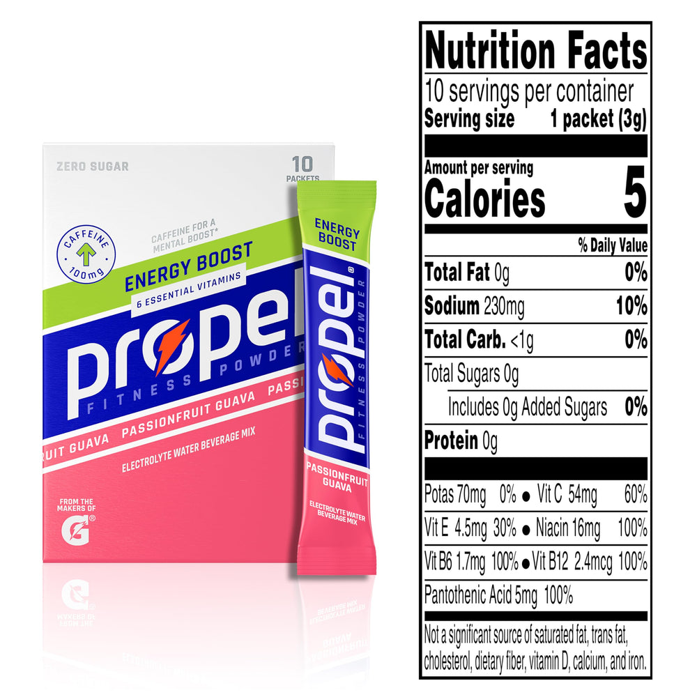Close-up of Propel Energy Boost sachet, flavorful Passionfruit Guava option