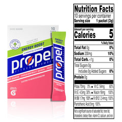Close-up of Propel Energy Boost sachet, flavorful Passionfruit Guava option